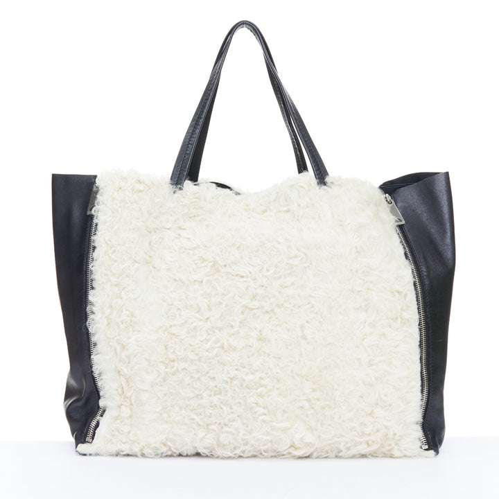 CELINE 2011 Vertical Gusset Cabas cream shearling black leather zip tote bag