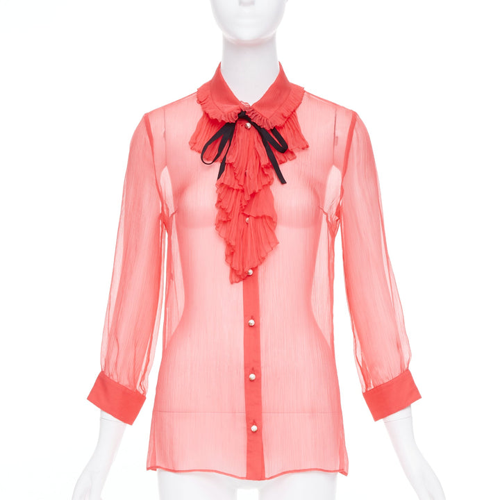 GUCCI coral red sheer chiffon GG pearl black pussybow ruffle blouse IT42 M
