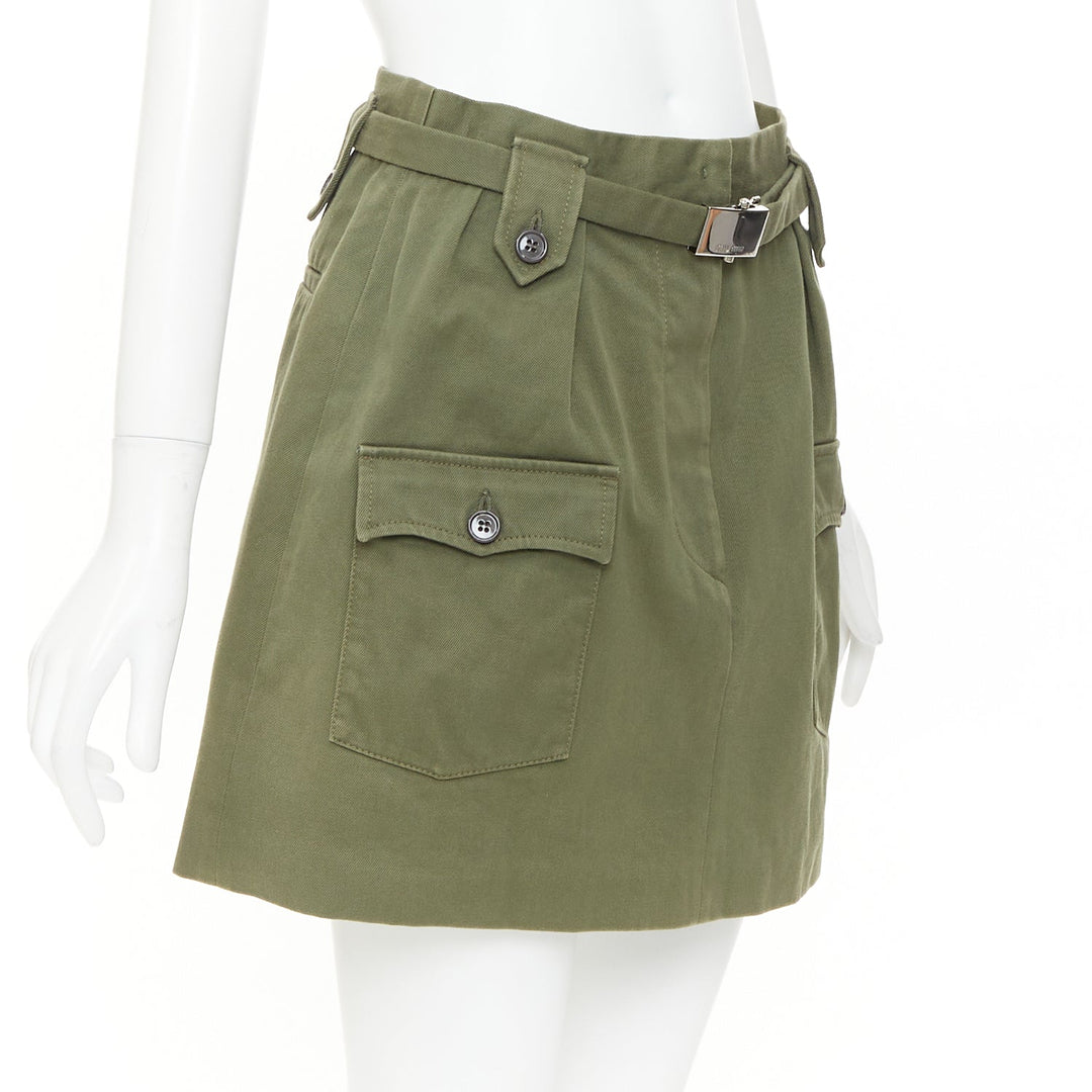 MIU MIU 2019 green cotton gabardine silver logo buckle utility skirt IT38 XS