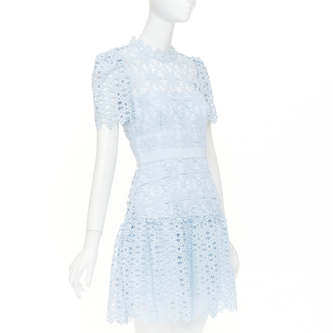 SELF PORTRAIT Geo Guipure Lace light blue grosgrain mock neck dress UK8 S