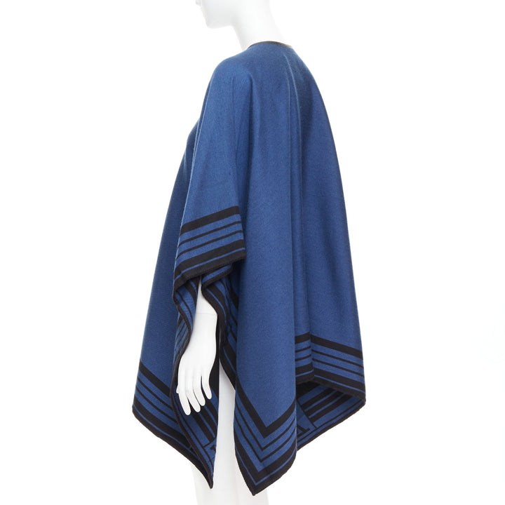 LOUIS VUITTON blue cashmere blend black leather tassel LV logo poncho