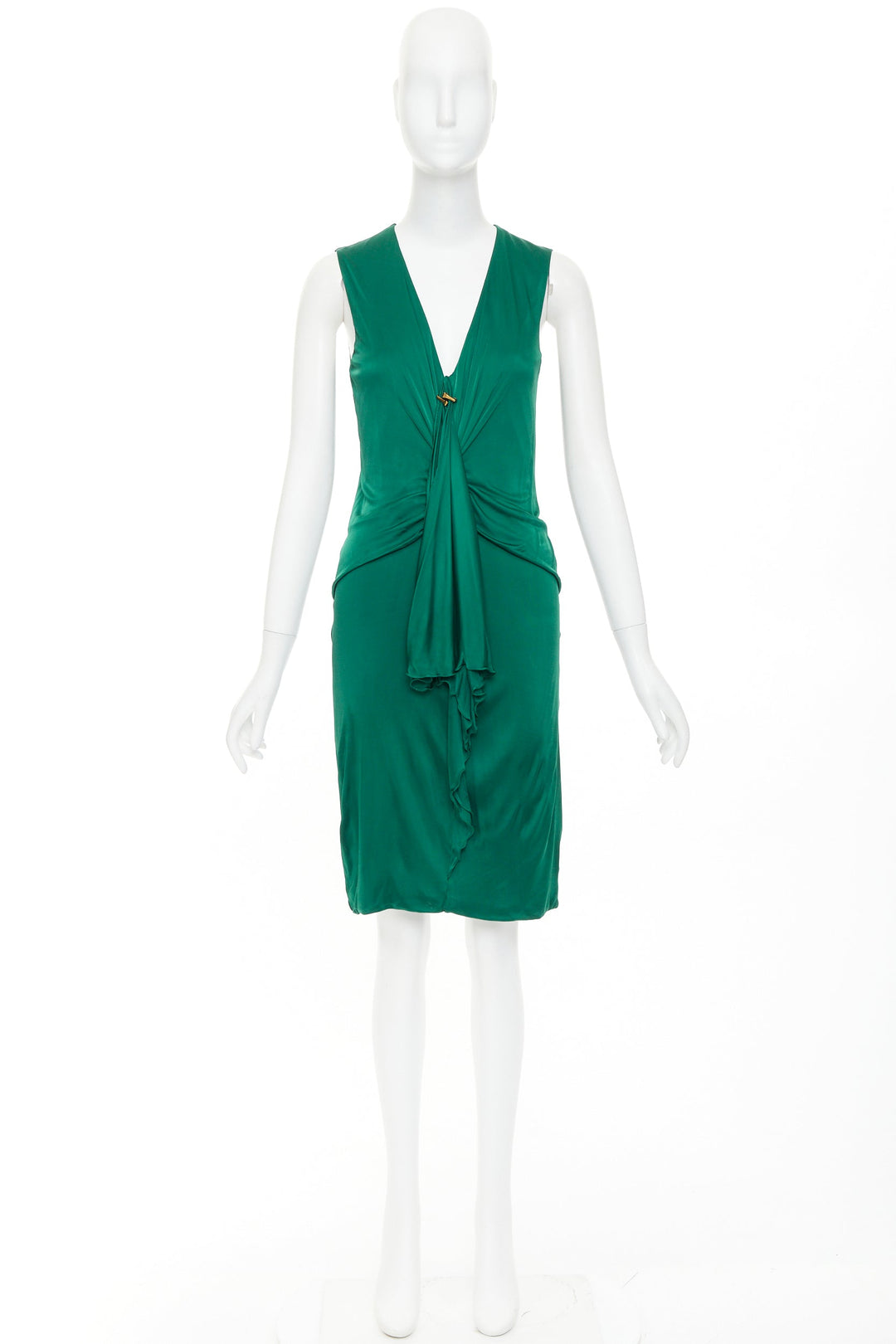 GUCCI 2008 emerald green viscose gold hardware draped V neck midi dress L