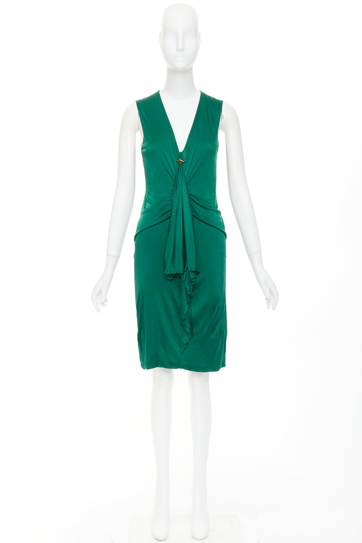 GUCCI 2008 emerald green viscose gold hardware draped V neck midi dress L