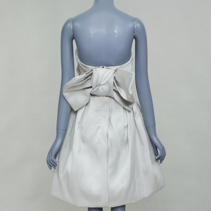 LANVIN Bridal light gray structural strapless bow back pleated bell dress FR36 S