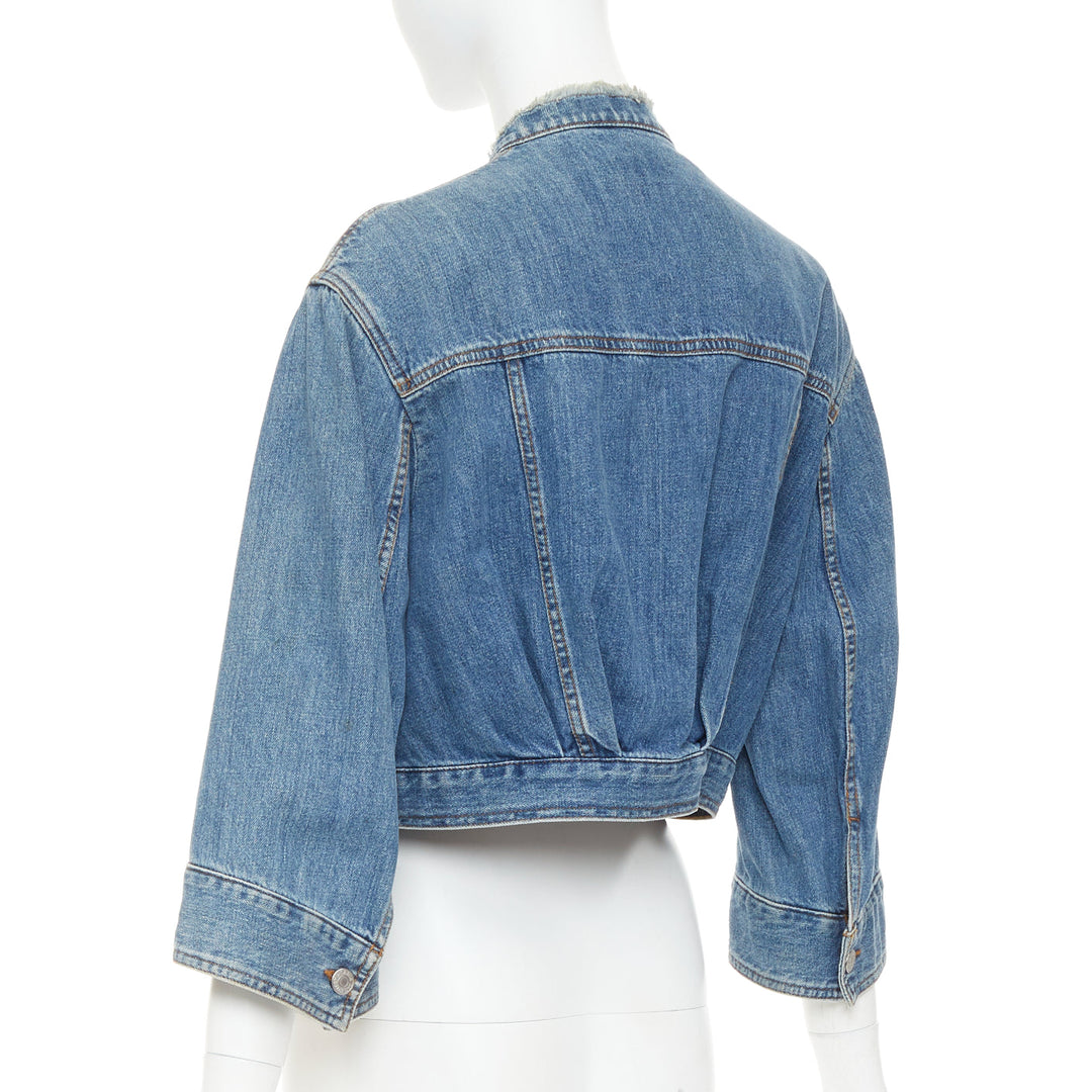 DRIES VAN NOTEN 2017 blue washed distressed 3/4 sleeve crop denim jacket FR38 M