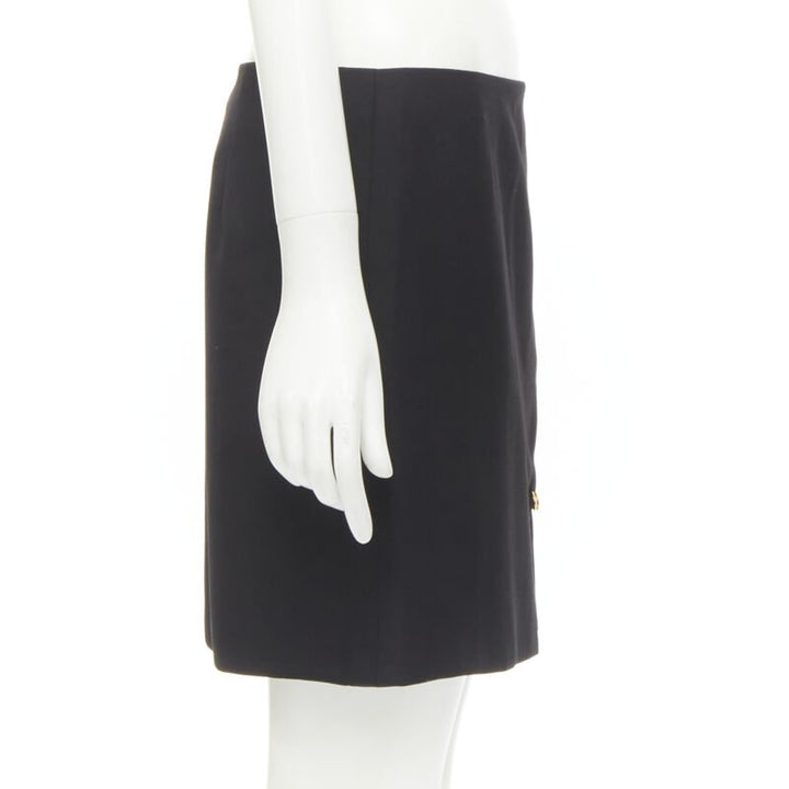 VERSACE black wool gold Medusa safety pin high slit mini skirt IT42 M