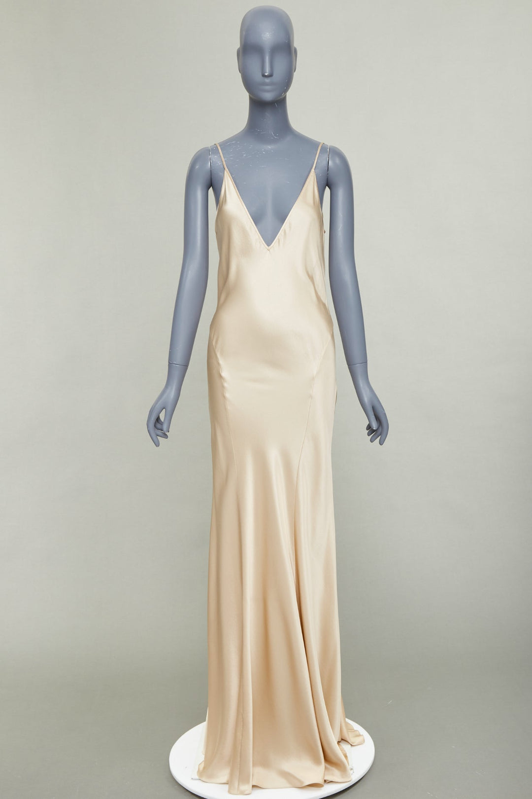 SAINT LAURENT 2024 rose champagne silk satin plunge contour panel gown FR38 M