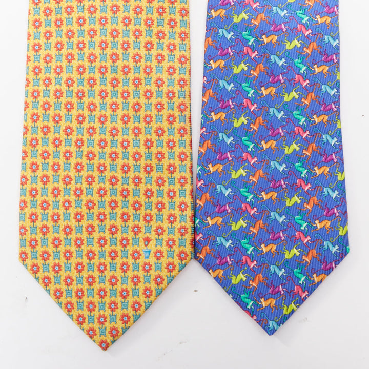 Set of 2 BVLGARI yellow floral ETRO blue monkey print silk neck tie