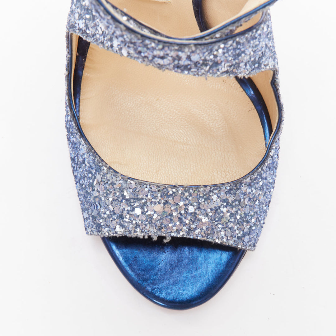 JIMMY CHOO Emily blue glitter crisscross strap open toe sandals EU36