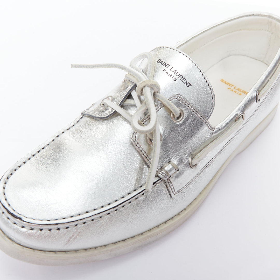 SAINT LAURENT silver metallic leather boat shoe loafers EU43