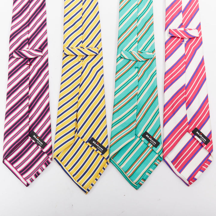 KITON NAPOLI Set of 4 100% silk green pink yellow purple  diagonal stripes tie