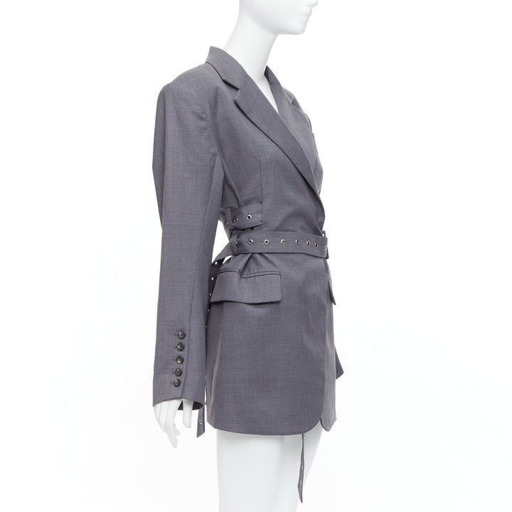 ROHK grey wool blend grommet double belted shoulder pad blazer FR36 S