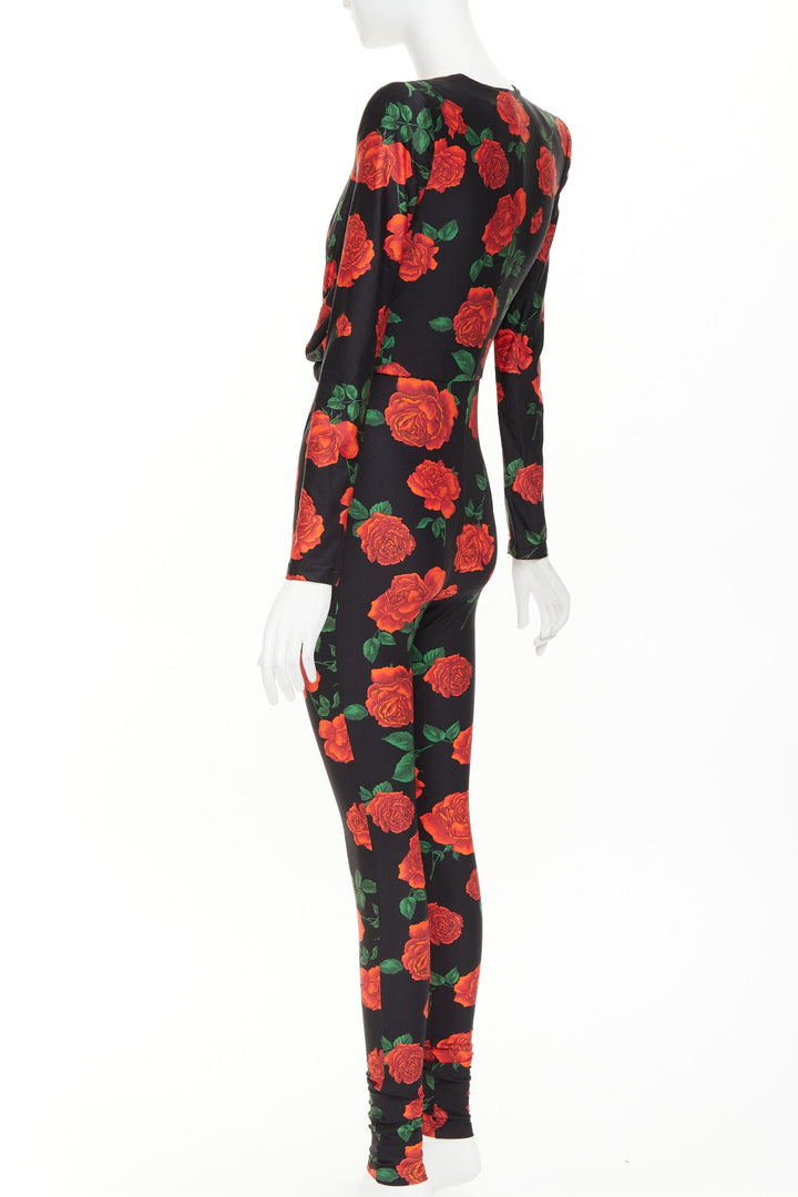 SAINT LAURENT 2022 Runway twist plunging black red rose floral jersey catsuit S