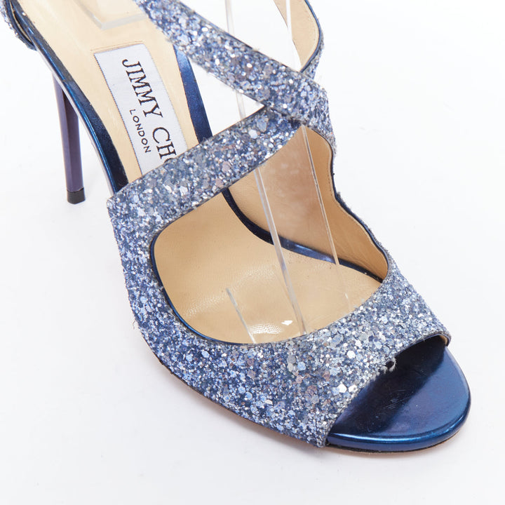 JIMMY CHOO Emily blue glitter crisscross strap open toe sandals EU36