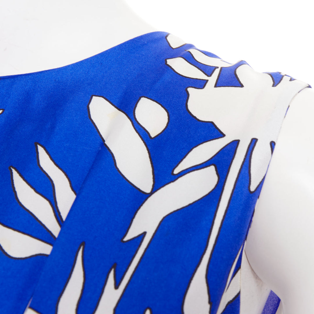 MARNI eletric blue white 100% silk abstrct floral pleated sheath dress IT42 M