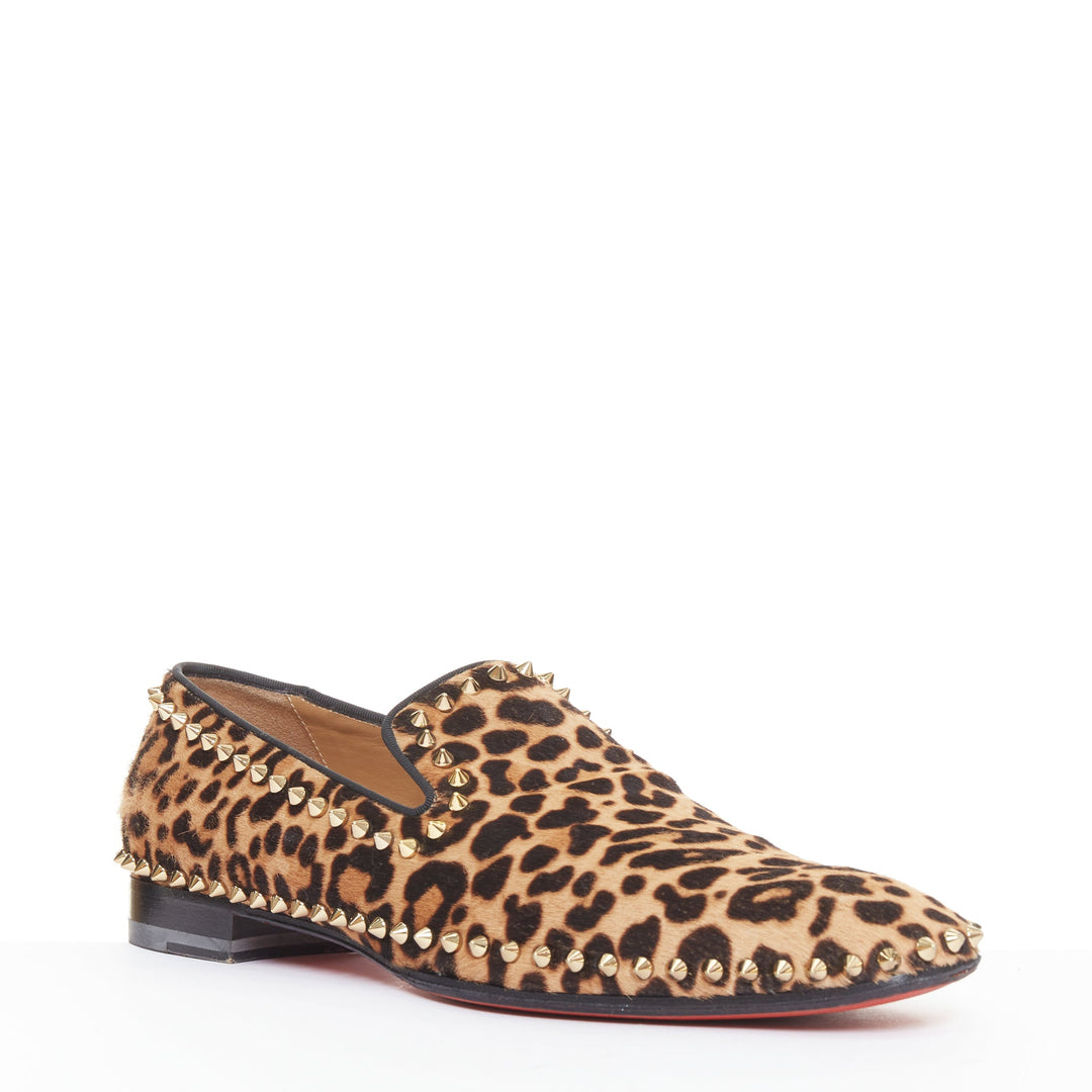 CHRISTIAN LOUBOUTIN brown leopard print ponyhair gold spike stud loafers EU43