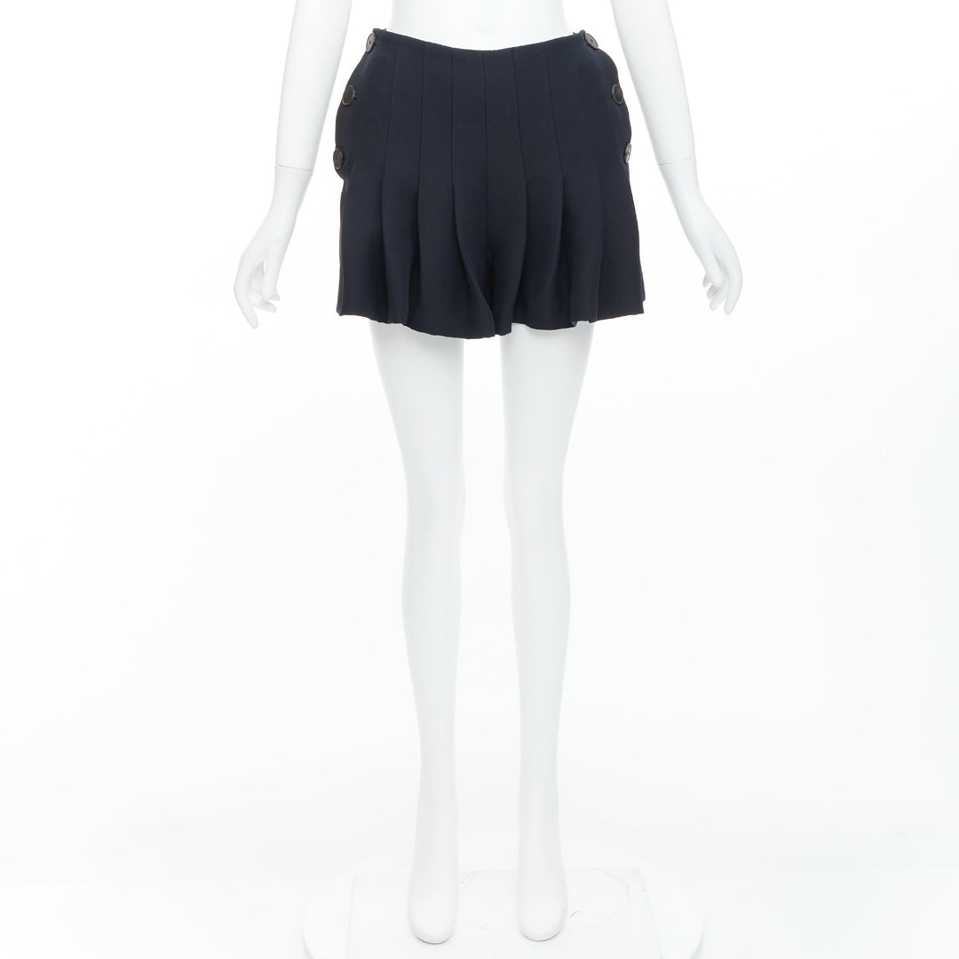 CHRISTIAN DIOR black wool silk nautical pleated front skirt FR34 XXS