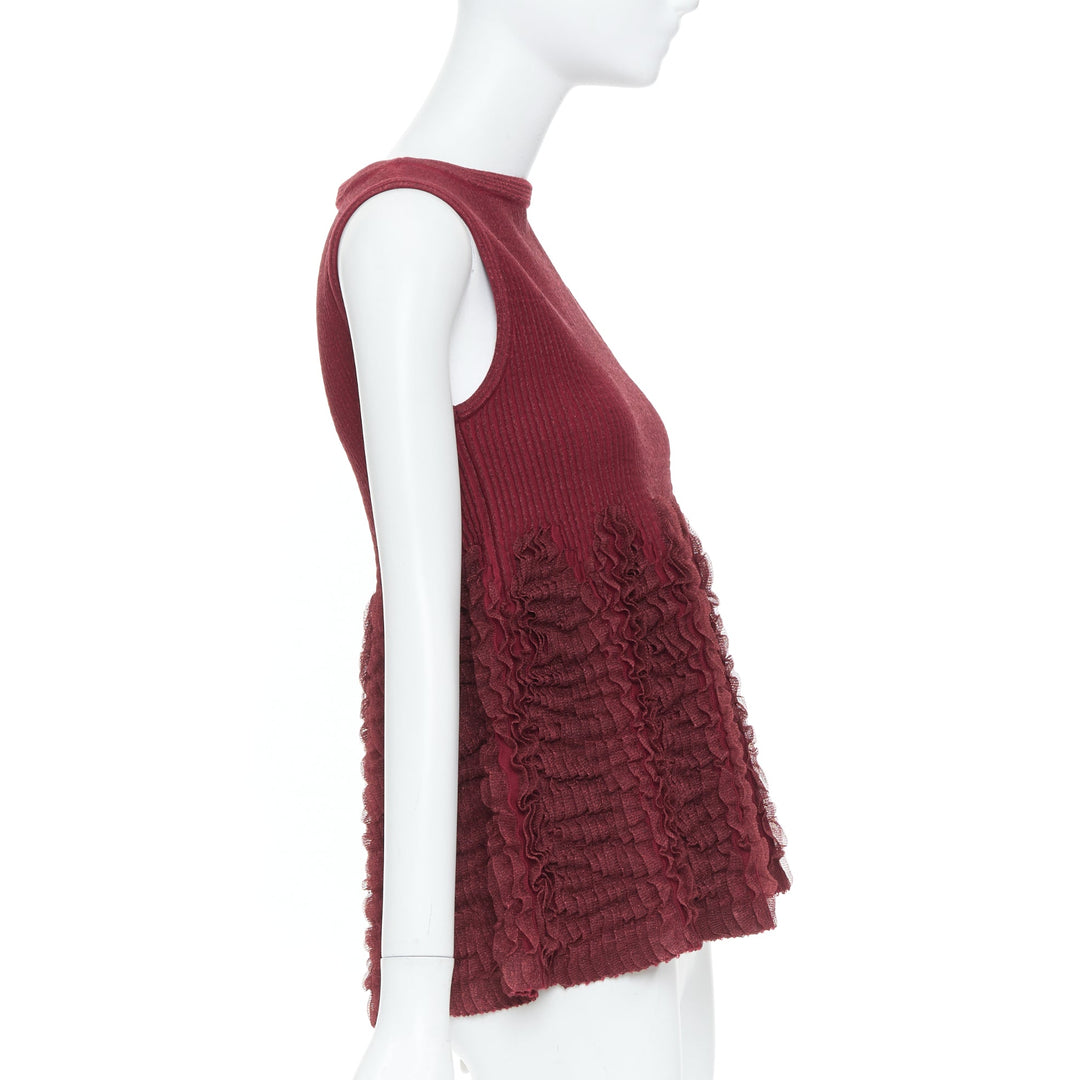ALAIA burgundy ribbed tiered ruffle wool blend peplum top FR36 S
