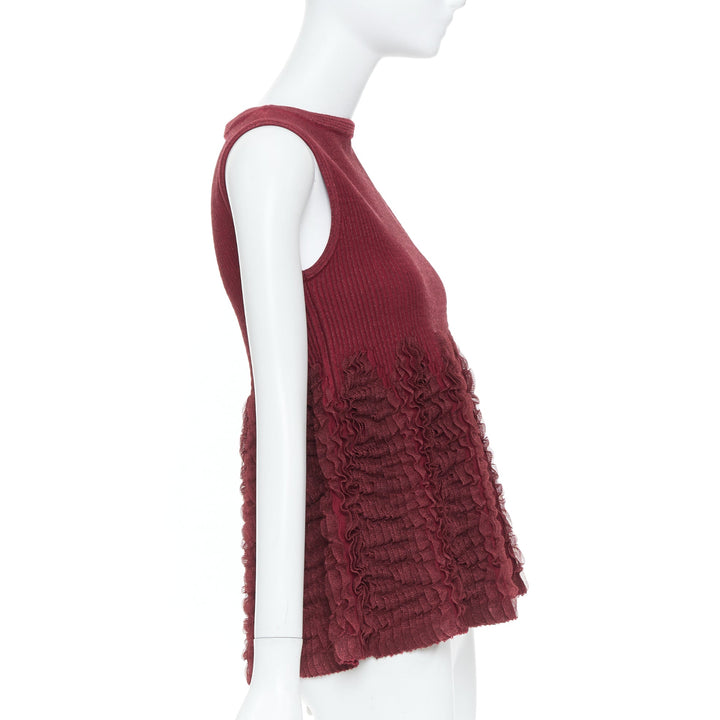 ALAIA burgundy ribbed tiered ruffle wool blend peplum top FR36 S