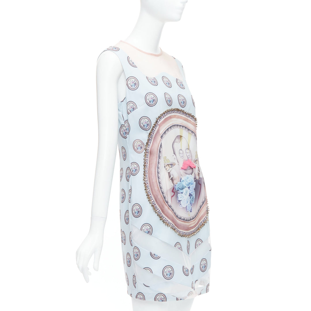 MSGM baby blue silk blend portrait print embellished shift dress L