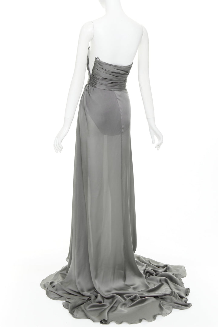ALEXANDRE VAUTHIER COUTURE steel grey ruched draped strapless high slit gown