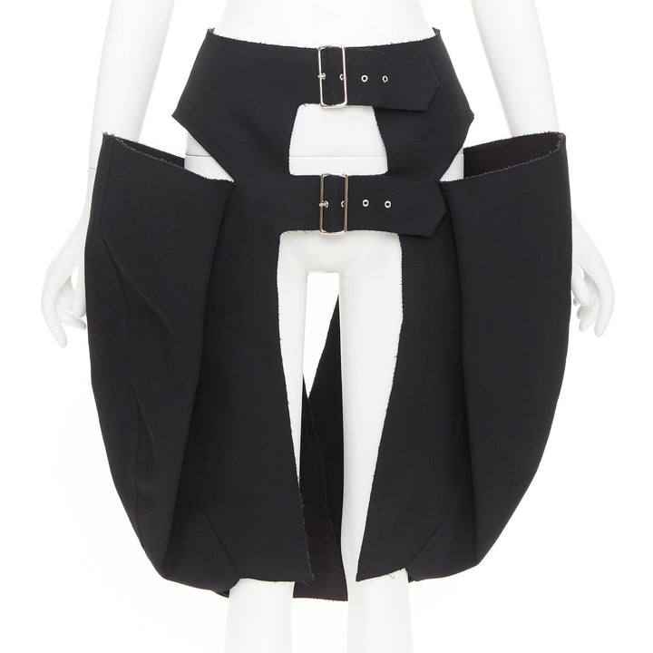 rare COMME DES GARCONS 2019 black wool multi buckle cut out pannier skirt XS