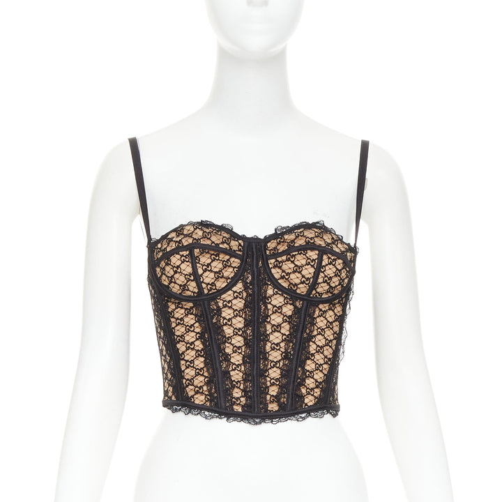 GUCCI 2022 Runway Aria black beige GG monogram net lace corset bustier top S