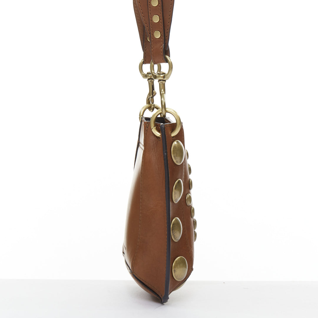ISABEL MARANT Nasko brown leather gold round studs crossbody hobo bag