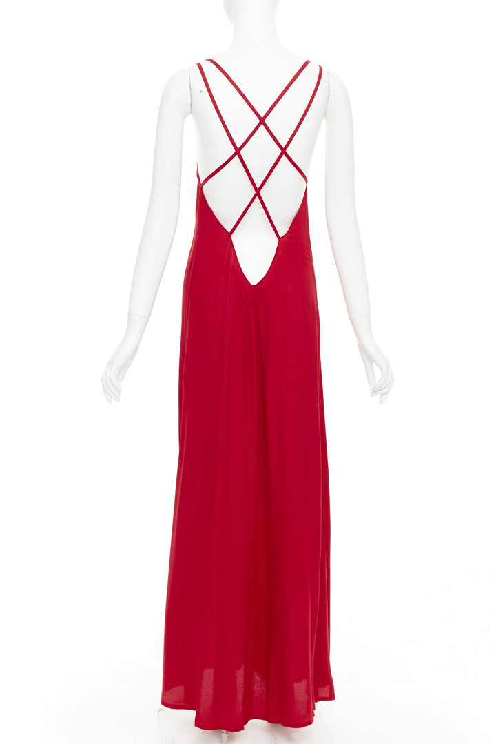 REFORMATION Miguel cherry red viscose blend criss cross open back gown XS