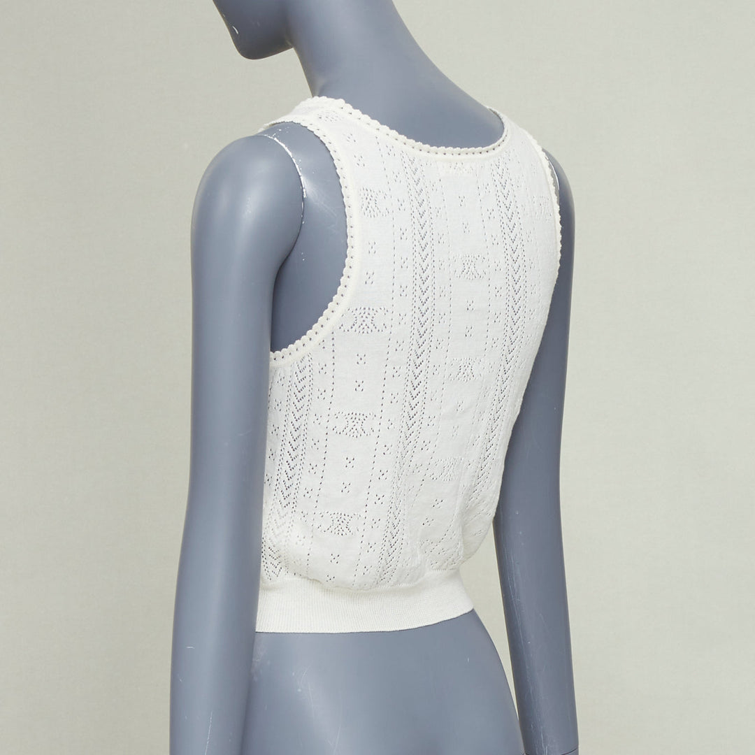 CELINE 2022 Triomphe Logo off white cotton pointelle knit cropped tank top S