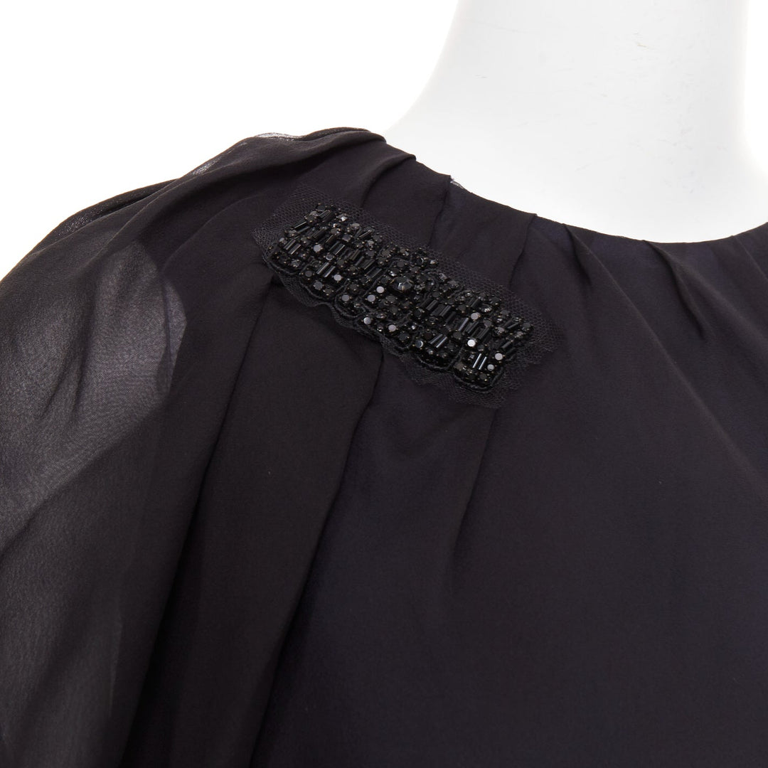 J MENDEL Chiffon Draped Top black beads embellished asymmetric blouse top US2 S