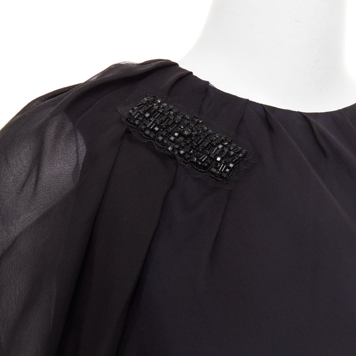 J MENDEL Chiffon Draped Top black beads embellished asymmetric blouse top US2 S