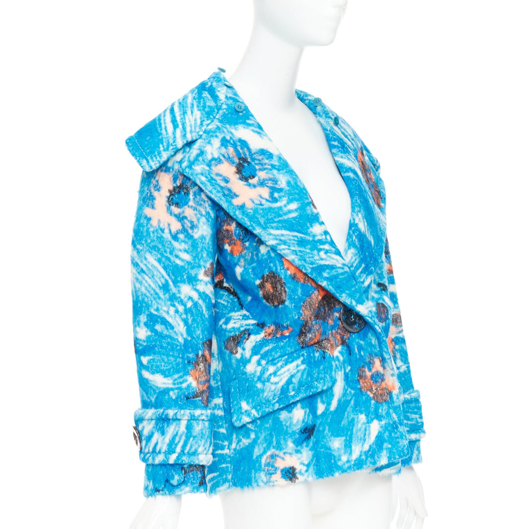 PRADA 2017 Runway blue alpaca wool abstract floral fur collar pea coat IT36 XS