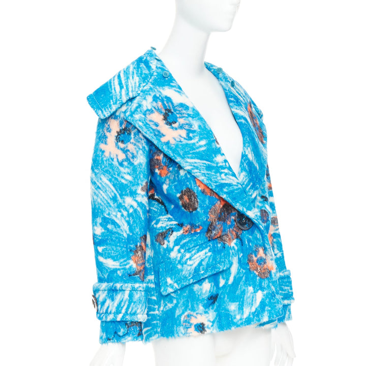 PRADA 2017 Runway blue alpaca wool abstract floral fur collar pea coat IT36 XS