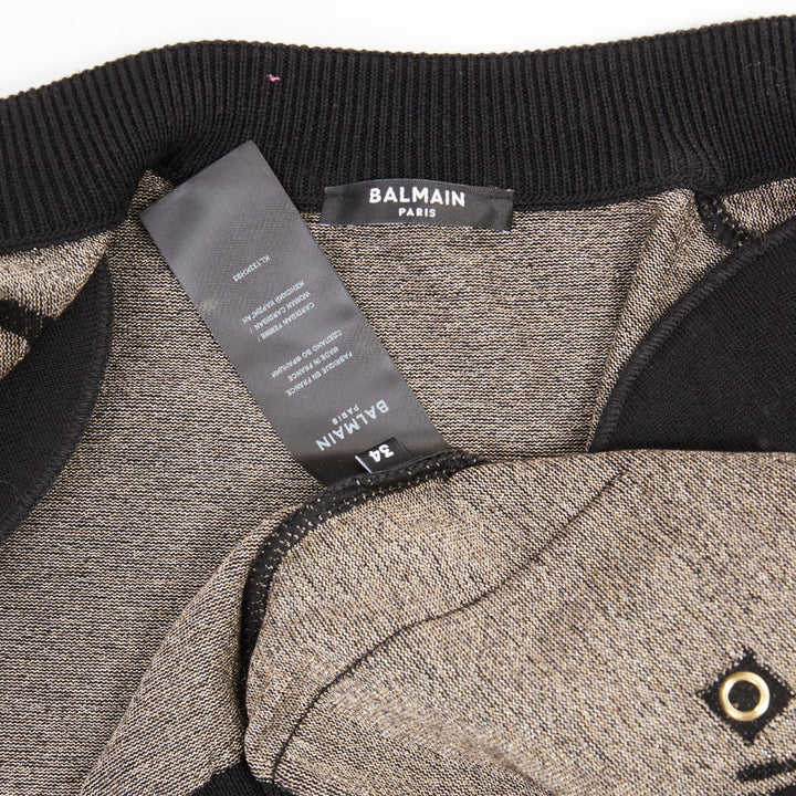 BALMAIN black bronze wool blend metallic scribble jacquard cardigan FR34 XS
