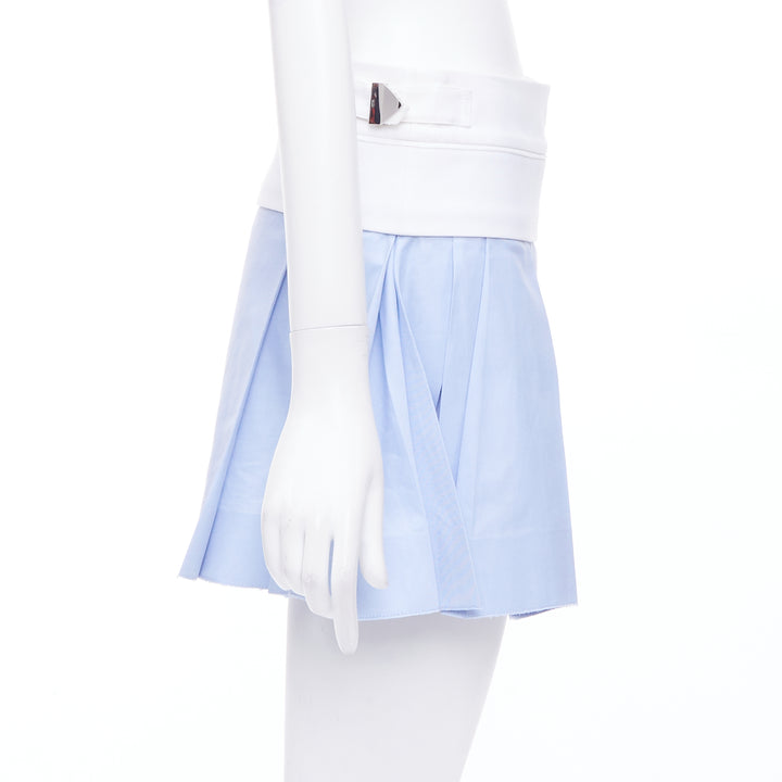 ALEXANDER WANG blue pleated white waistband silver buckle mini skirt US2 S