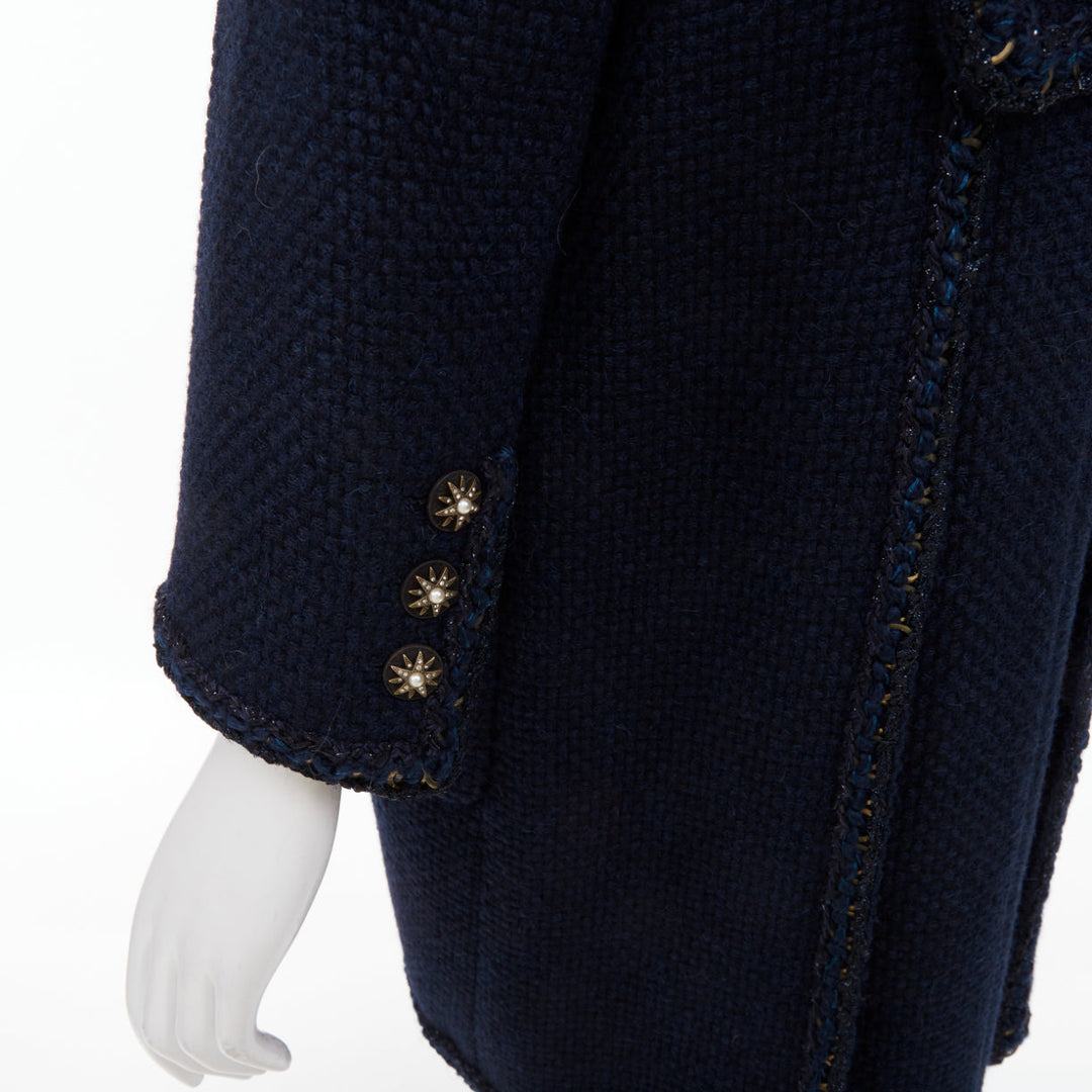 CHANEL 2015 Paris Salzburg navy alpaca blend braid trim open tweed coat FR34 XS