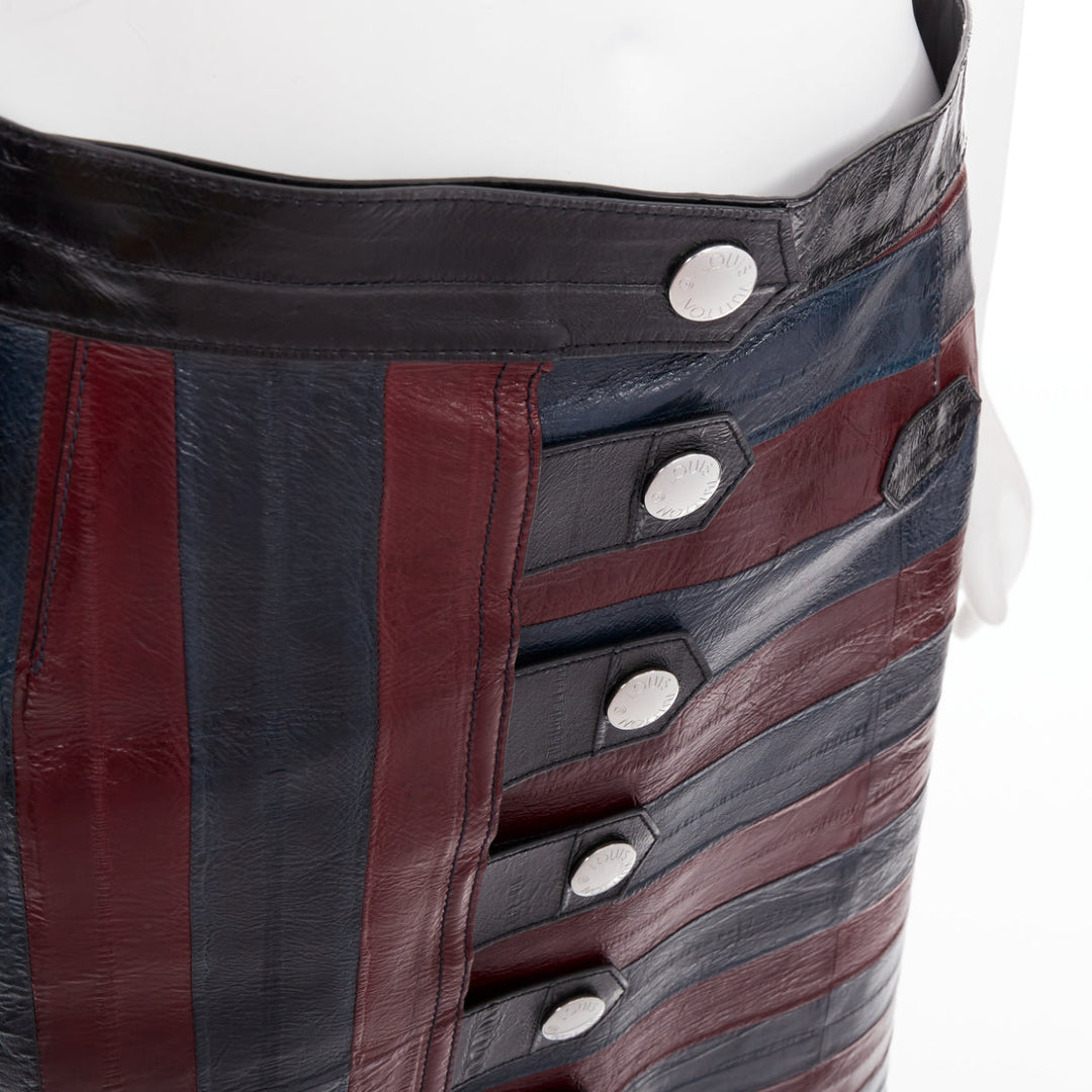 LOUIS VUITTON 2015 Runway burgundy navy eel leather patchwork skirt FR38 M