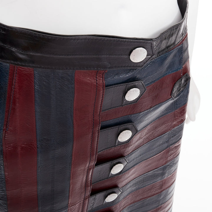 LOUIS VUITTON 2015 Runway burgundy navy eel leather patchwork skirt FR38 M