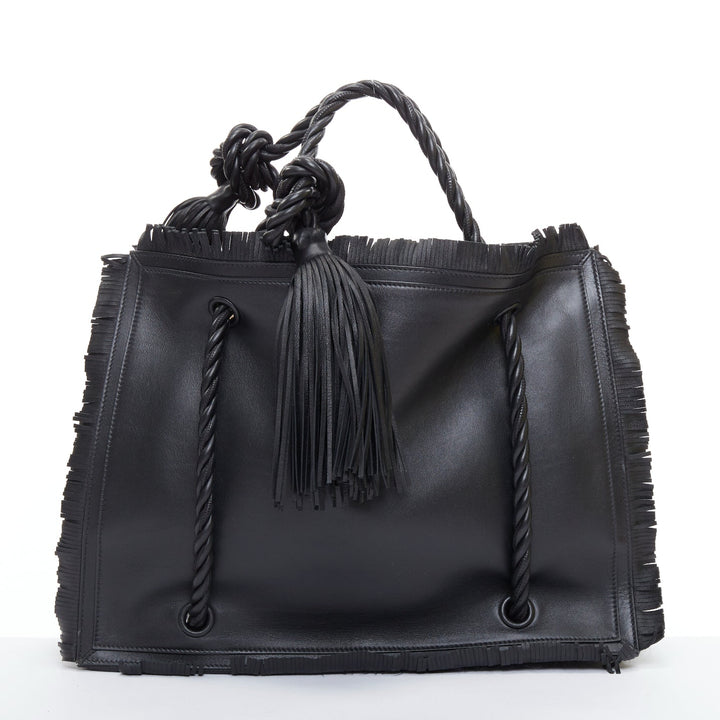 VALENTINO The Rope black fringe leather braided rope handle large tote bag