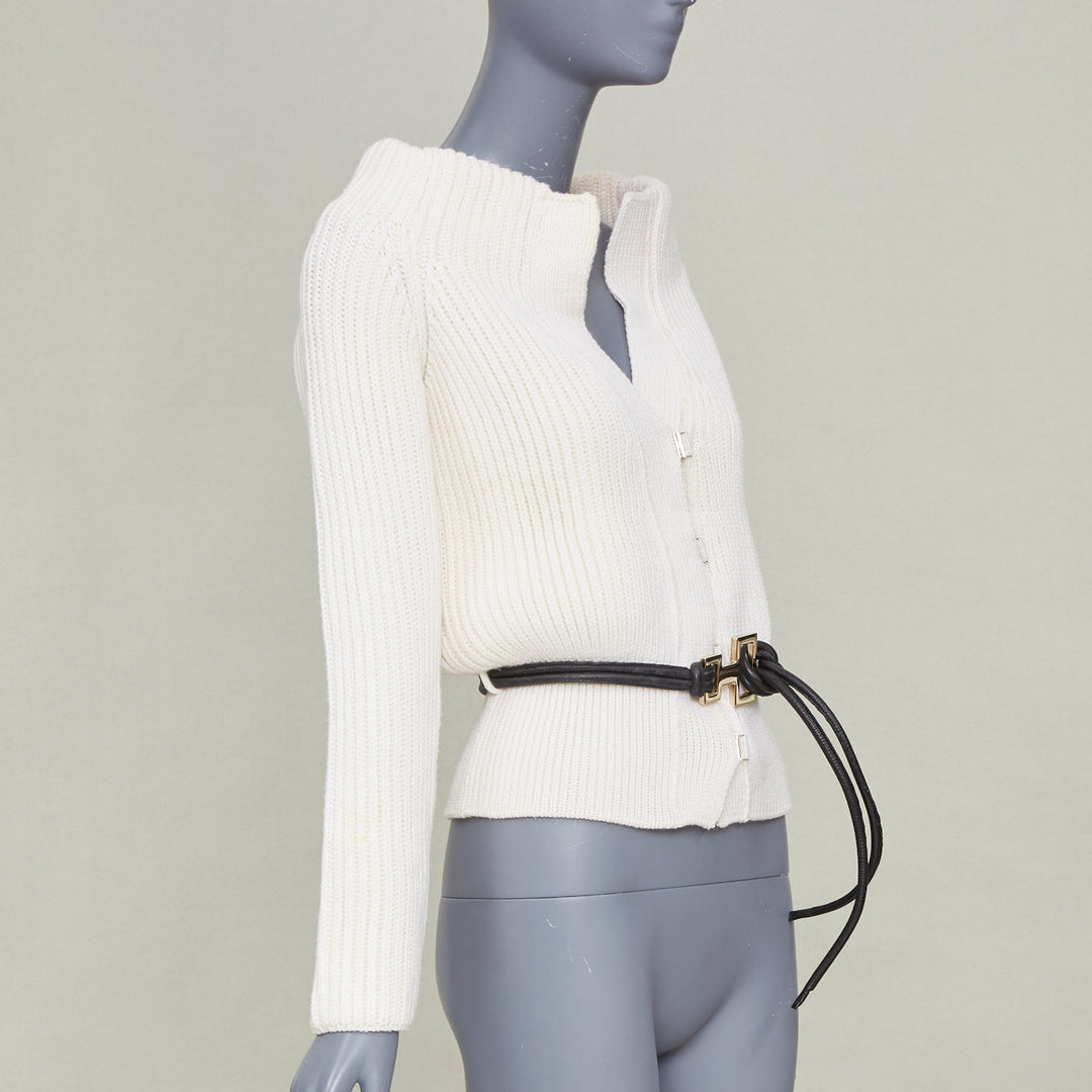 GUCCI Tom Ford Vintage ribbed toggle gold hardware leather belt cardigan top S