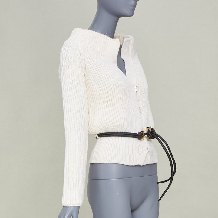 GUCCI Tom Ford Vintage ribbed toggle gold hardware leather belt cardigan top S