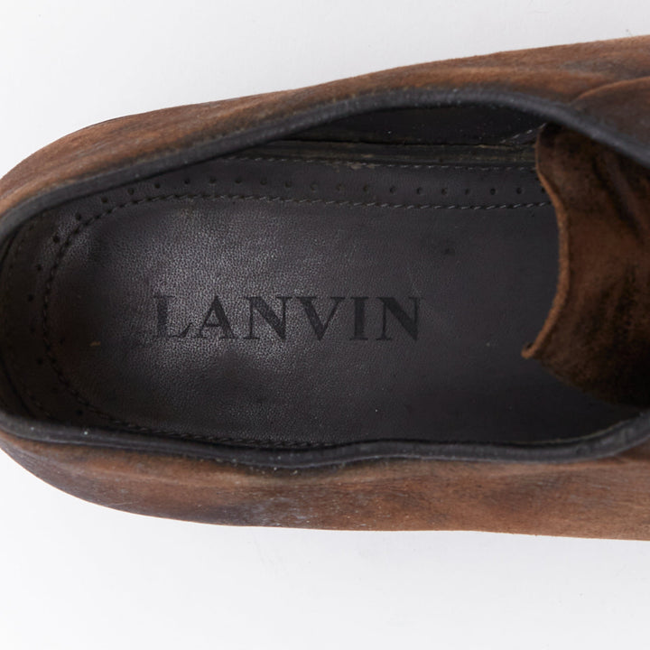 LANVIN brown distressed brushed leather slip on laceless brogues UK5 EU38