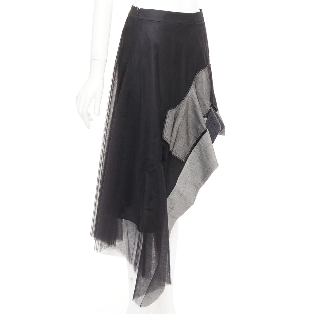 MONSE black nylon tulle wool glen plaid deconstructed asymmetric skirt US0 XS