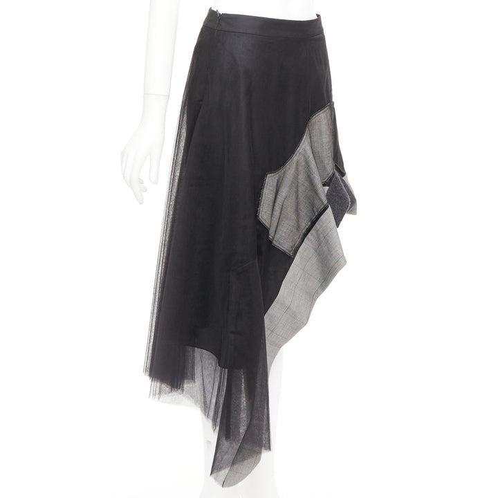MONSE black nylon tulle wool glen plaid deconstructed asymmetric skirt US0 XS