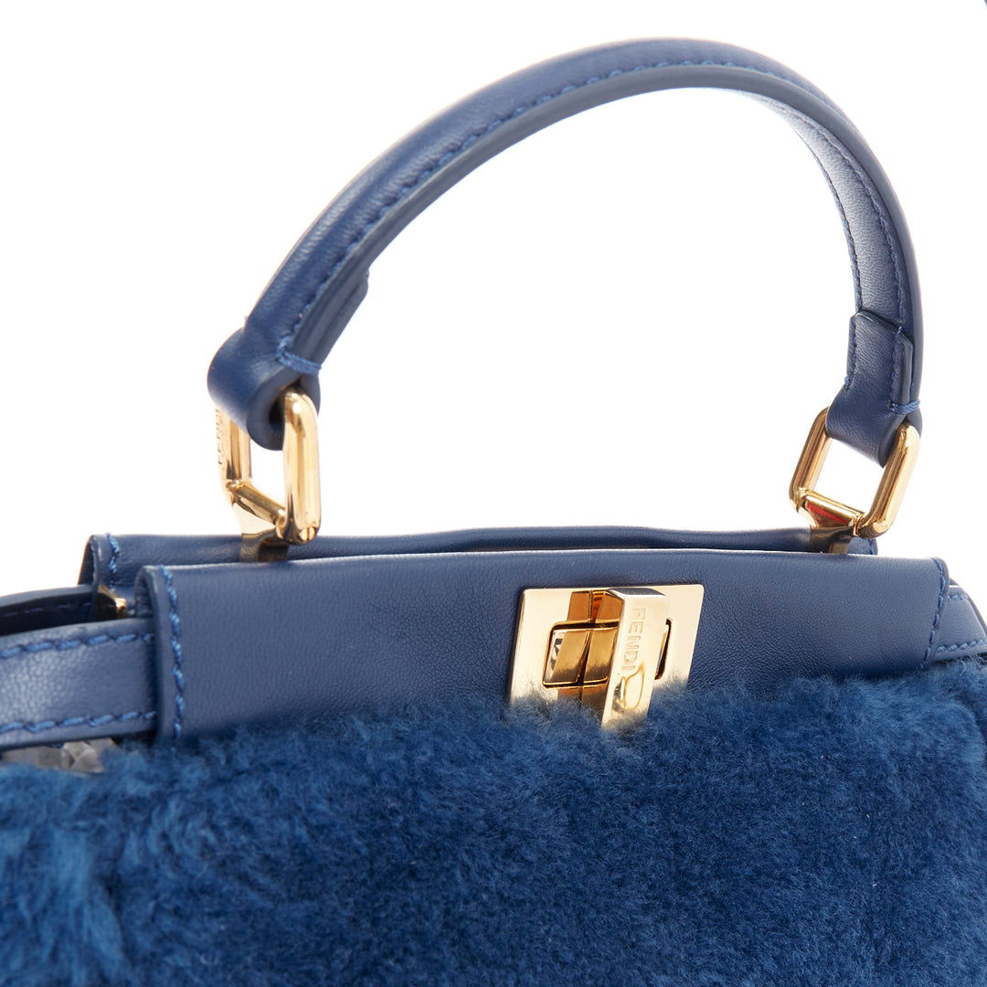 FENDI Peekaboo blue shearling fur gold hardware turnlock crossbody satchel