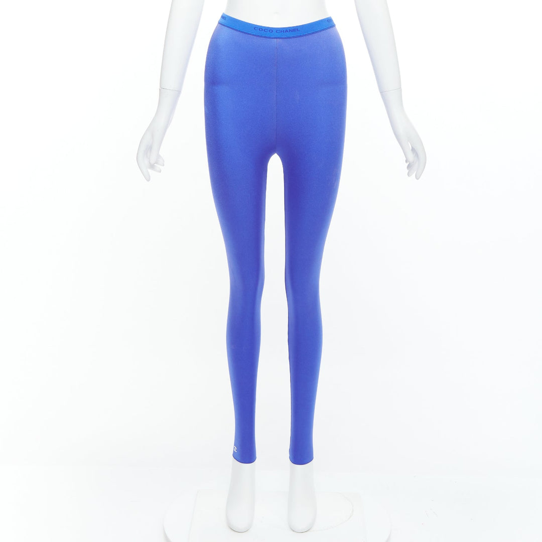 CHANEL cobalt blue crystal CC logo coco waistband leggings FR34 XS