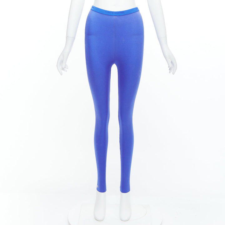 CHANEL cobalt blue crystal CC logo coco waistband leggings FR34 XS