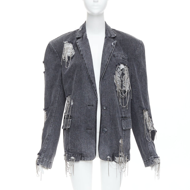 MARKGONG grey denim clear beads chain embellished blazer FR36 S