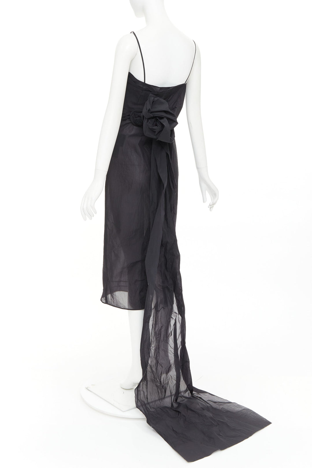 PRADA 2023 Runway black crinkled Re-Nylon crepe rosette draped slip gown IT38 XS